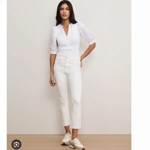 Veronica Beard Carly Kick Flare High Rise White Jeans Raw Hem J22024460278WH 28